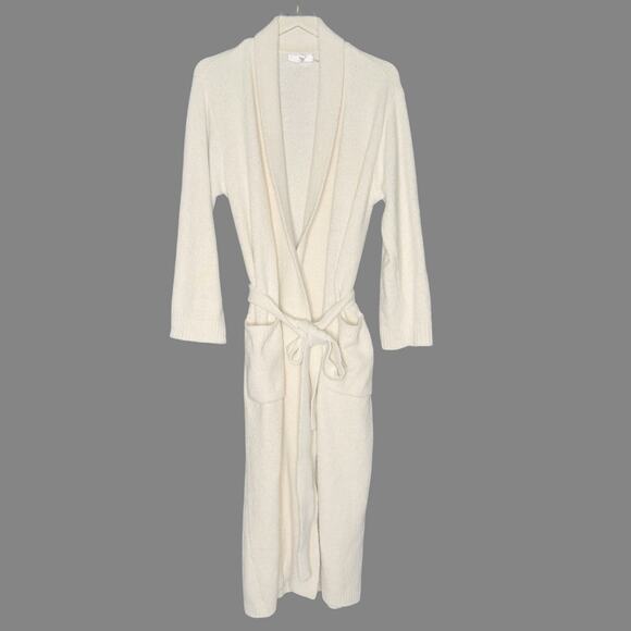 Natori M Womens Cream Bone Plush Robe Long Sleeve Belted Lounge Pockets - Picture 1 of 9